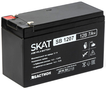 2533 SKAT SB 1207, 12В, 7Ач, максимальный ток заряда 2,1 А. Тип клеммы — F1 нож. Размер корпуса — 66х151х100. Вес — 2,1 кг. Срок службы — 6 лет. Гарантия - 18 месяцев.