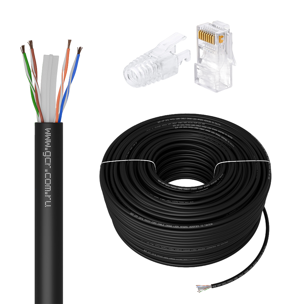 GCR PRO Кабель LAN DIY витая пара 50m в бухте, LSZH UTP кат.6А, медь, многопроволочный, черный + Коннектор RJ-45 8p8c сборный 20шт.