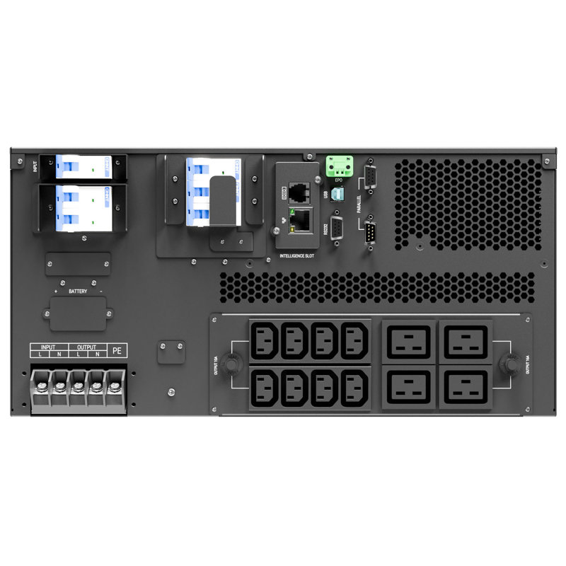 Источник бесперебойного питания/ ONTEK SM RT 10 (SB), 10 кВА/10 кВт (PF=1) с внутренними аккумуляторными батареями 20шт/9Ач, выходными клеммами и выходными розетками 8шт х С13, 4шт х С19, с выключателем сервисного байпаса и выходным выключателем, зарядное устройство 1-12А, с возможностью подключения дополнительных батарейных блоков