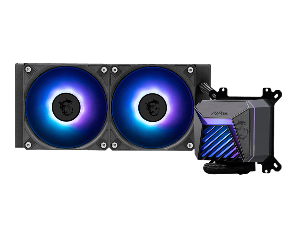 Система жидкостного охлаждения/ Water Cooling System MSI MAG CORELIQUID A15 240 (240W, 240mm, Black, ARGB/ Fans: 2x120mm, 64.89CFM, 28.7dBA, 2050RPM/ Pump 20dBA, 3400RPM, Rad thickness 27mm/ S: 1851, 1700, AM5, AM4)