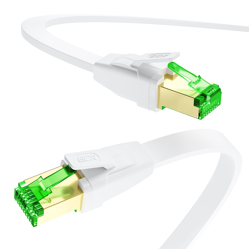 GCR Патч-корд LSZH PROF плоский прямой 5.0m, FTP, кат.8 ethernet, RJ45, медь, 30 AWG, белый, литой, экранированные коннекторы 24K GOLD, T568B