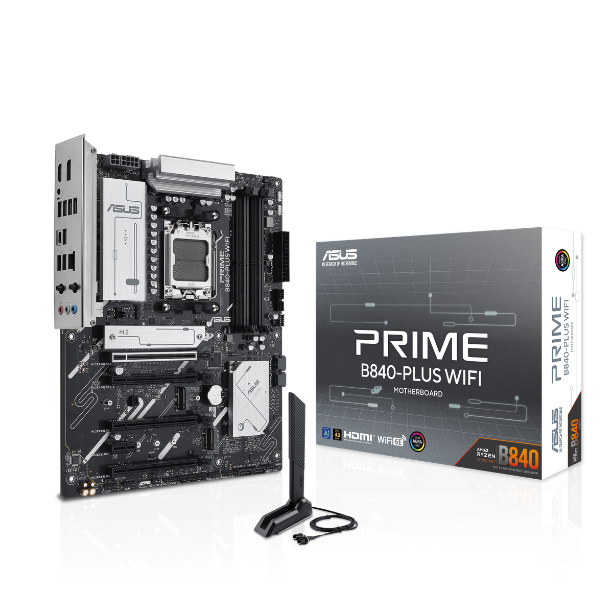 Материнская плата ASUS PRIME B840-PLUS WIFI, AM5, AMD B840, 4xDDR5, 4xSATA, 3xM.2, 1xPCIe 4.0 x16, 1xPCIe 3.0 x16, 2xPCIe 3.0 x16, 1xPCIe 3.0 x1, 1xDP, 1xHDMI, 1x 2.5Gb LAN, 8xUSB-A, 3x3.5 мм, 7.1, ATX
