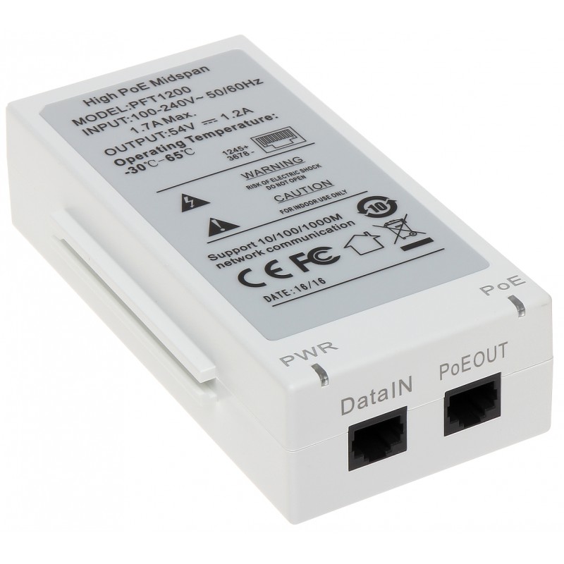 Инжектор PoE Dahua DH-PFT1200, Hi-PoE, 60Вт, 2×GbE