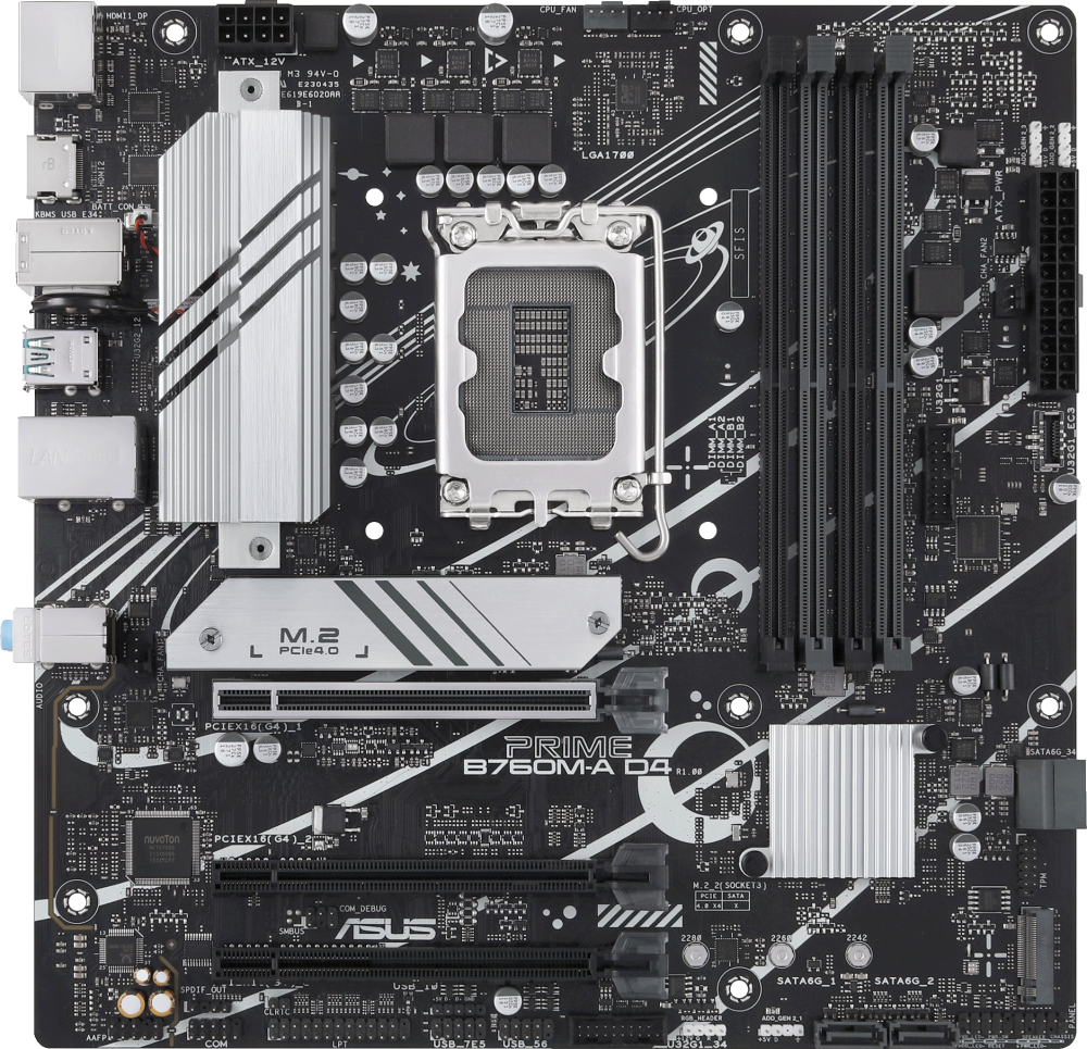 Материнская плата ASUS PRIME B760M-A D4-CSM, LGA1700, B760, 4*DDR4, 4*SATA, 2*M.2, 2*USB 3.2, 4*USB 2.0, 3*PCIx16, 2*PCIx1, DP+HDMI, mATX; 90MB1D00-M1EAYC