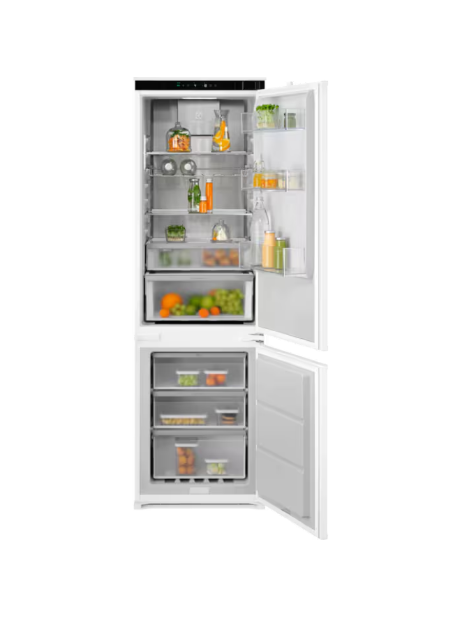 Встраиваемые холодильники  ELECTROLUX/ Холодильник комбинированный, встраиваемыйскользящие направляющие, полный No Frost, сенсорное управление, полезный объём: 248 л (186 + 62 л), перенавешиваемые двери,полка для вина,54x54.9x177.9 см, белый