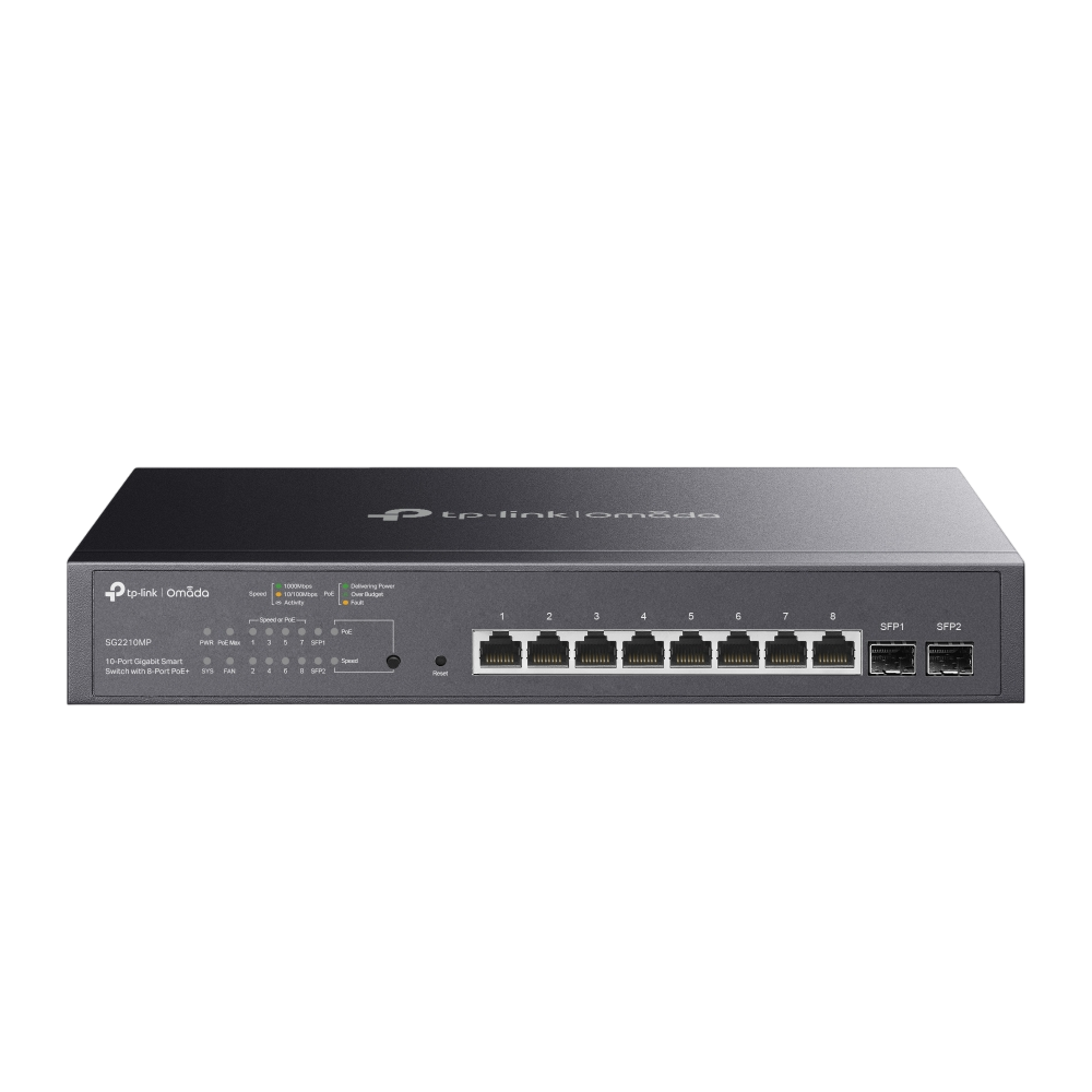 SG2210MP - Коммутатор, TP-Link, SG2210MP, 8 портов 10/100/1000 Мбит/с (RJ45) с поддержкой PoE+ , 2 гигабитных слота SFP (150 Вт), Управляемый
