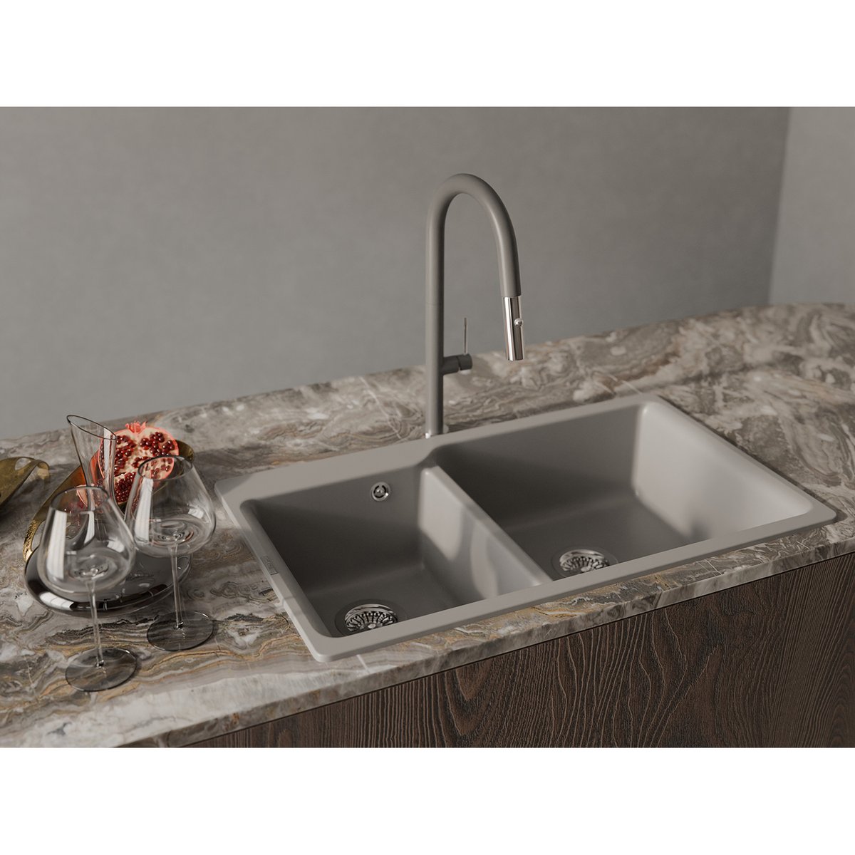 RIVELATO Мойка AXEL 90D  2-чаши 870*520мм, монтаж: врезной, материал: кварц, цвет: серый металлик