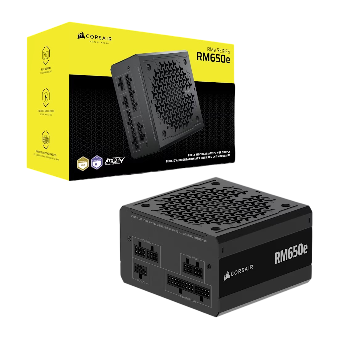 Блоки питания/ Power Supply Corsair RM650e Low-Noise, Model RPS0223, 650W 80+ Gold (ATX, 3.1, PCIe 5.1, Full modular, 1x24(20+4)pin, 1x12V-2x6, 2x4+4-pin CPU +12V (EPS), 2x4-pin Molex, 2x6+2-pin PCIe, 6xSATA3, Active, 140x140mm, 140x150x86mm, APFC, Power cable-EU, black)