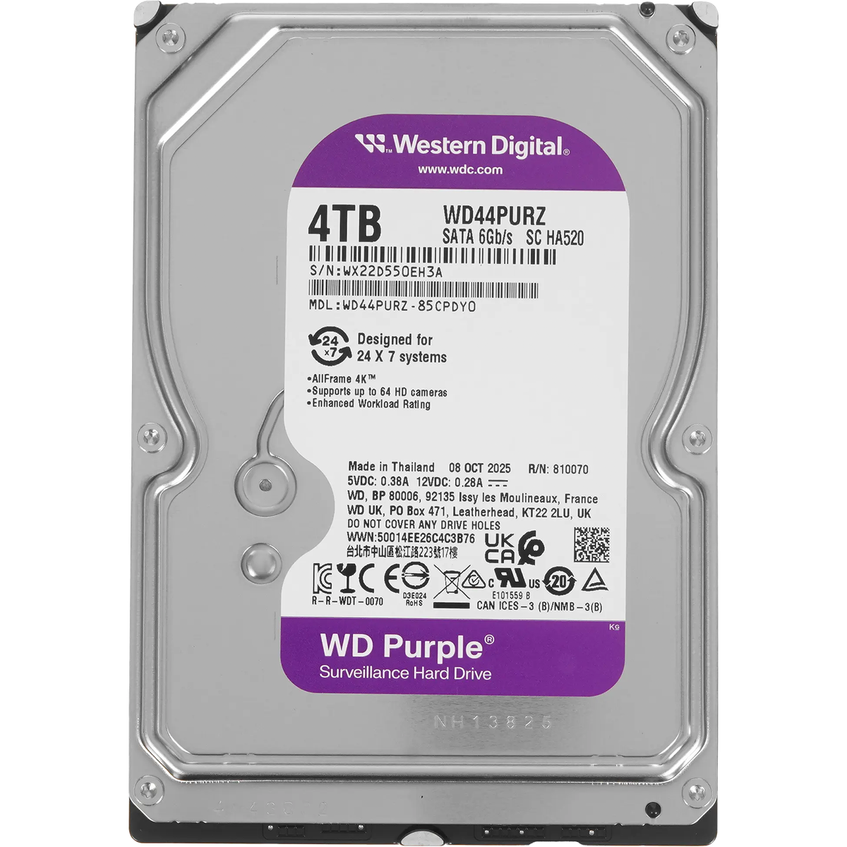 Диск HDD Western Digital - Purple, для систем видеонаблюдения, SATA, 6 Гб/с, 3.5", 4 ТБ, 5400 rpm, 128MB, WD44PURZ