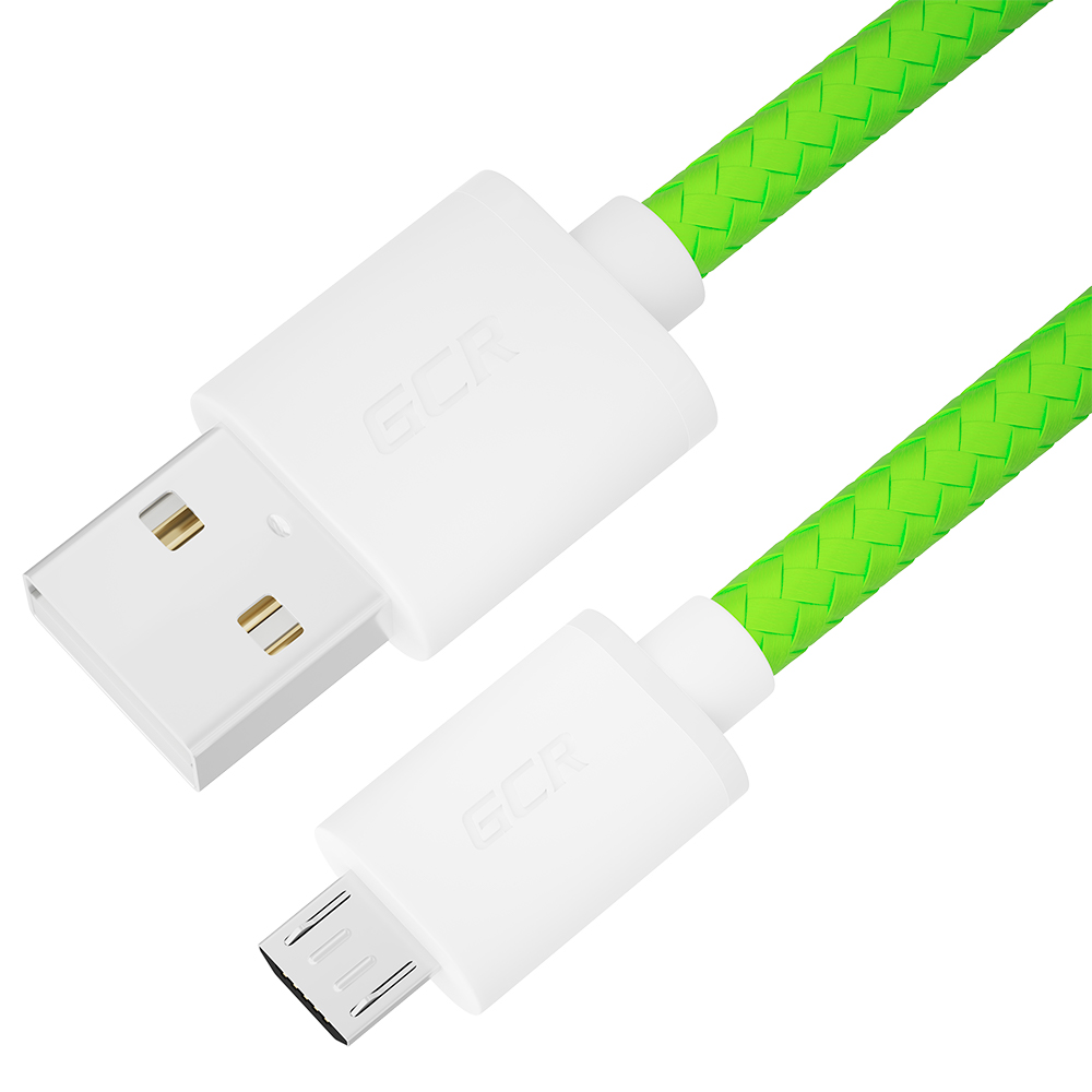 GCR PRO Кабель 1.0m MicroUSB, быстрая зарядка, медь, салатовый, в оплетке нейлон