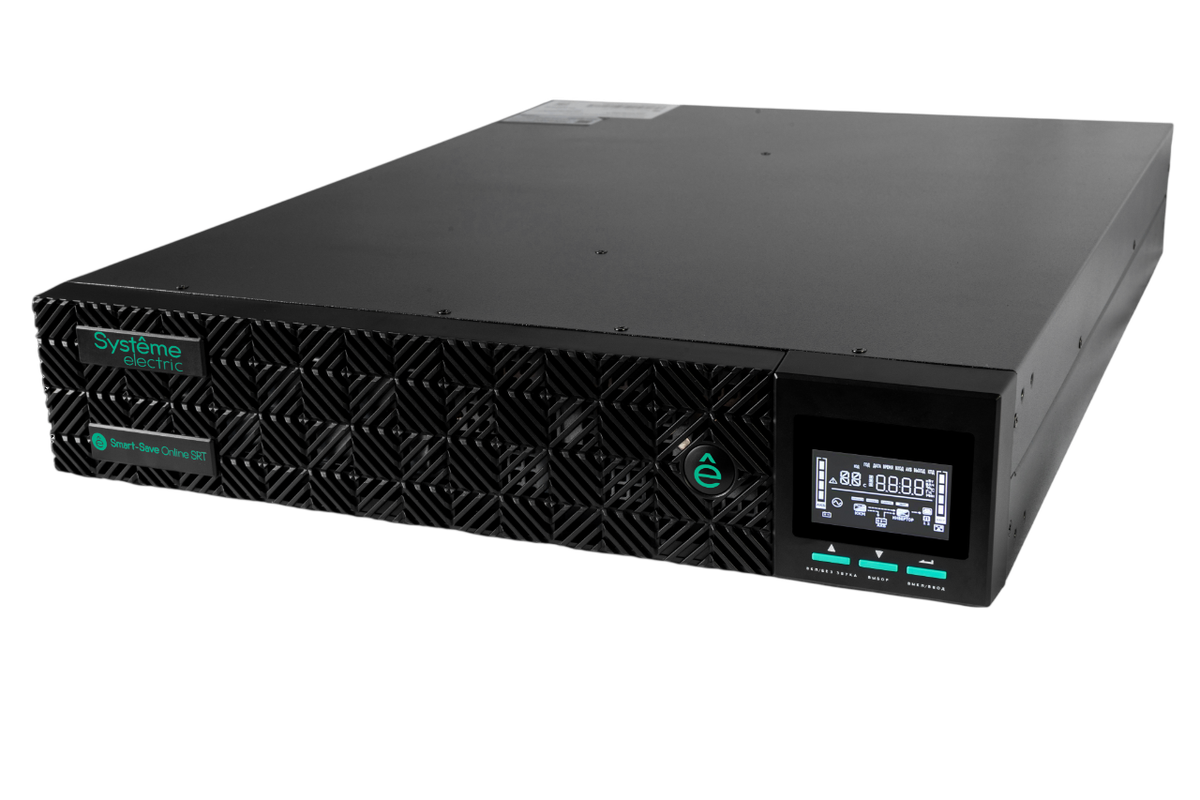 Systeme Electric Smart-Save Online SRT 3000 ВА 2 поколения, конвертируемый форм-фактор 2U, 230 В, 8 розеток IEC C13 + 1хС19, SmartSlot, LCD, USB HID, SNMP карта, RS-232, версия с возможностью увеличения времени автономии
