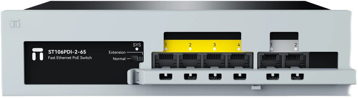 Коммутатор/ Неуправляемый PoE коммутатор Fast Ethernet netis ST106PDI-2-65, 4 порта 100 Мбит/с PoE+, 2 порта 100 Мбит/с RJ45 Uplink, БП 65 Вт