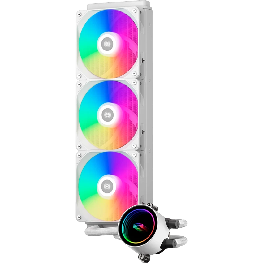 Система охлаждения/ Water Cooling System PCCooler DA360 ARGB WH (280W, 360mm, White, ARGB/ Fans: 3x120mm, 72.1CFM, 33.8dBA, 1800RPM/ Pump height 55mm, 28dBA, 3000RPM, Rad thickness 27mm/ S: 1851, 1700, 1200, 20XX, 115X, AM5, AM4)