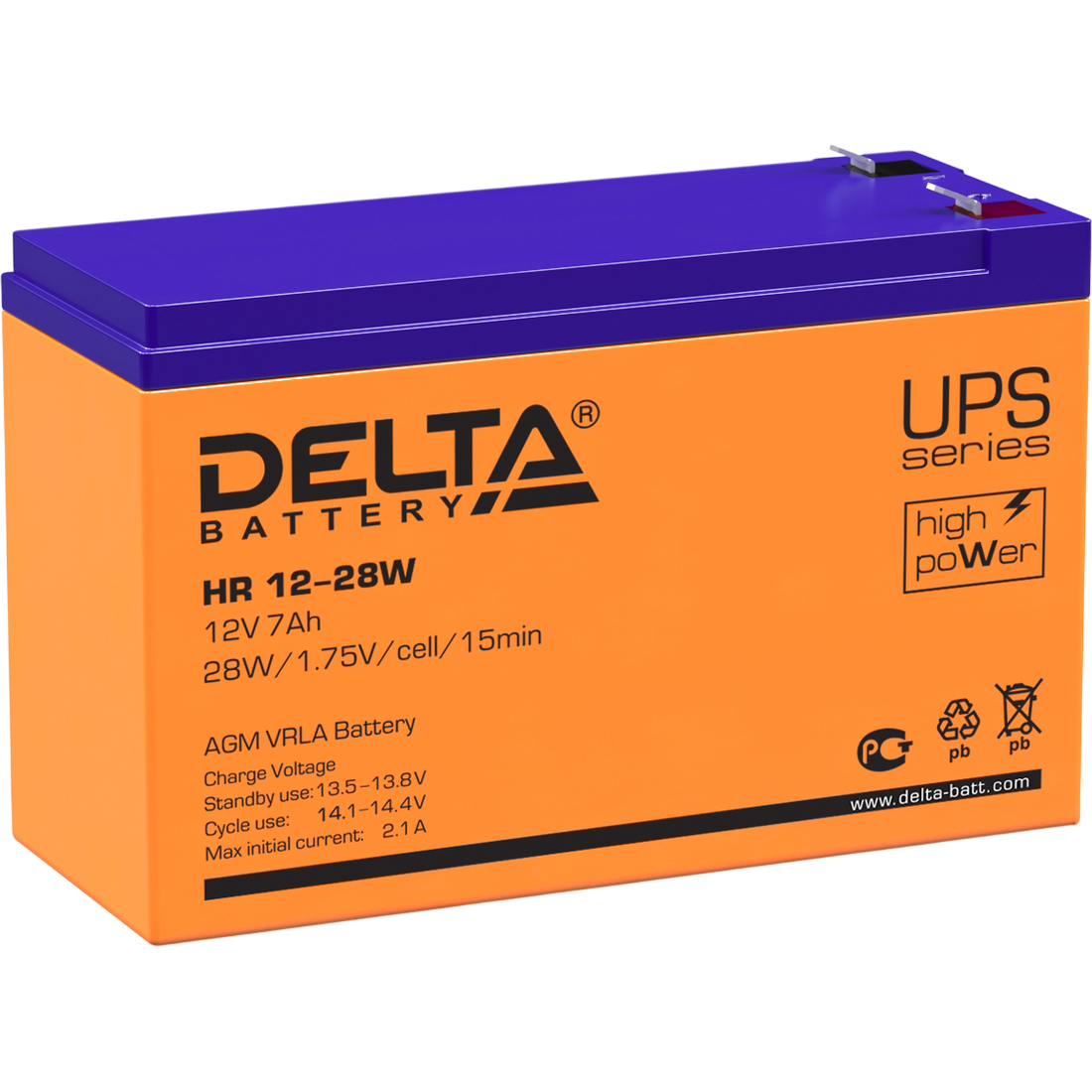 Батарея DELTA серия HR-W, HR 12-28 W, напряжение 12В, емкость 7Ач (разряд 20 часов),  макс. ток разряда (5 сек.) 140А, макс. ток заряда 2.1А, свинцово-кислотная типа AGM, клеммы F2, ДxШxВ 151х65х94мм., вес 2.2кг., срок службы 8 лет./ Battery DELTA series HR-W, HR 12-28 W, voltage 12V, capacity 7Ah (discharge 20 hours), max. discharge current (5 sec.) 140A, max. charge current 2.1A, lead-acid type AGM, terminals F2, LxWxH 151x65x94mm., weight 2.2kg., service life 8 years.