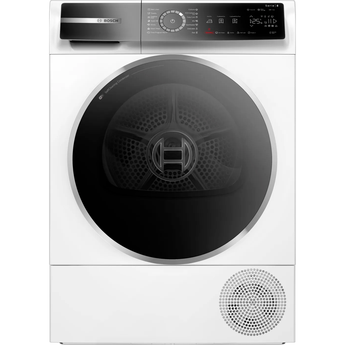 Сушильная машина BOSCH, 8 серия, тепловой насос, загрузка 9 кг, сенсорное управление, дисплей, отложенный старт, 14 программ, класс энергоэффективности : A+++, Габариты: 842 х 598 х 613 мм, цвет белый