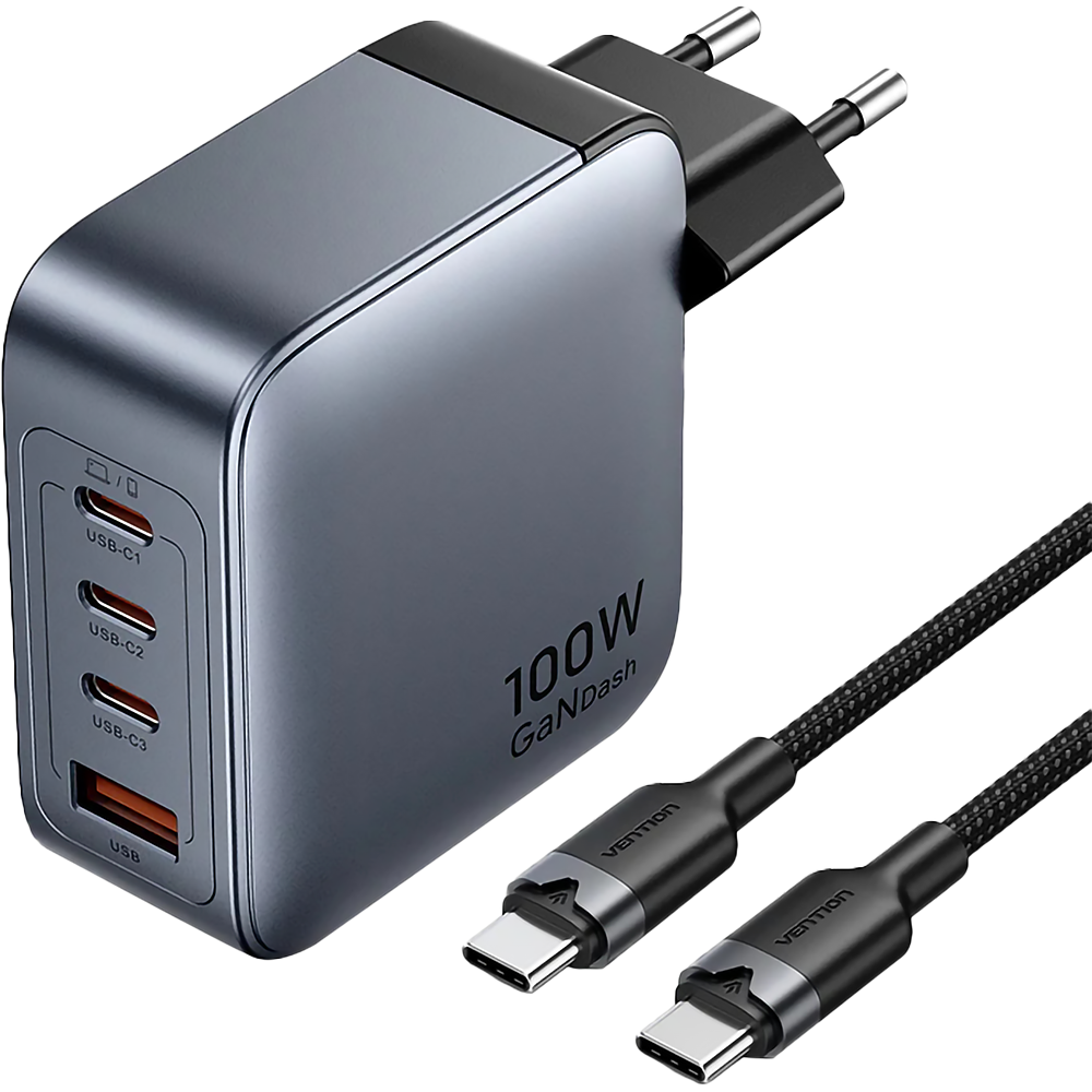 Набор Vention з/у на 4 порта GaN 100W USB (C+C+C+A) и кабель USB-C 5А Серый