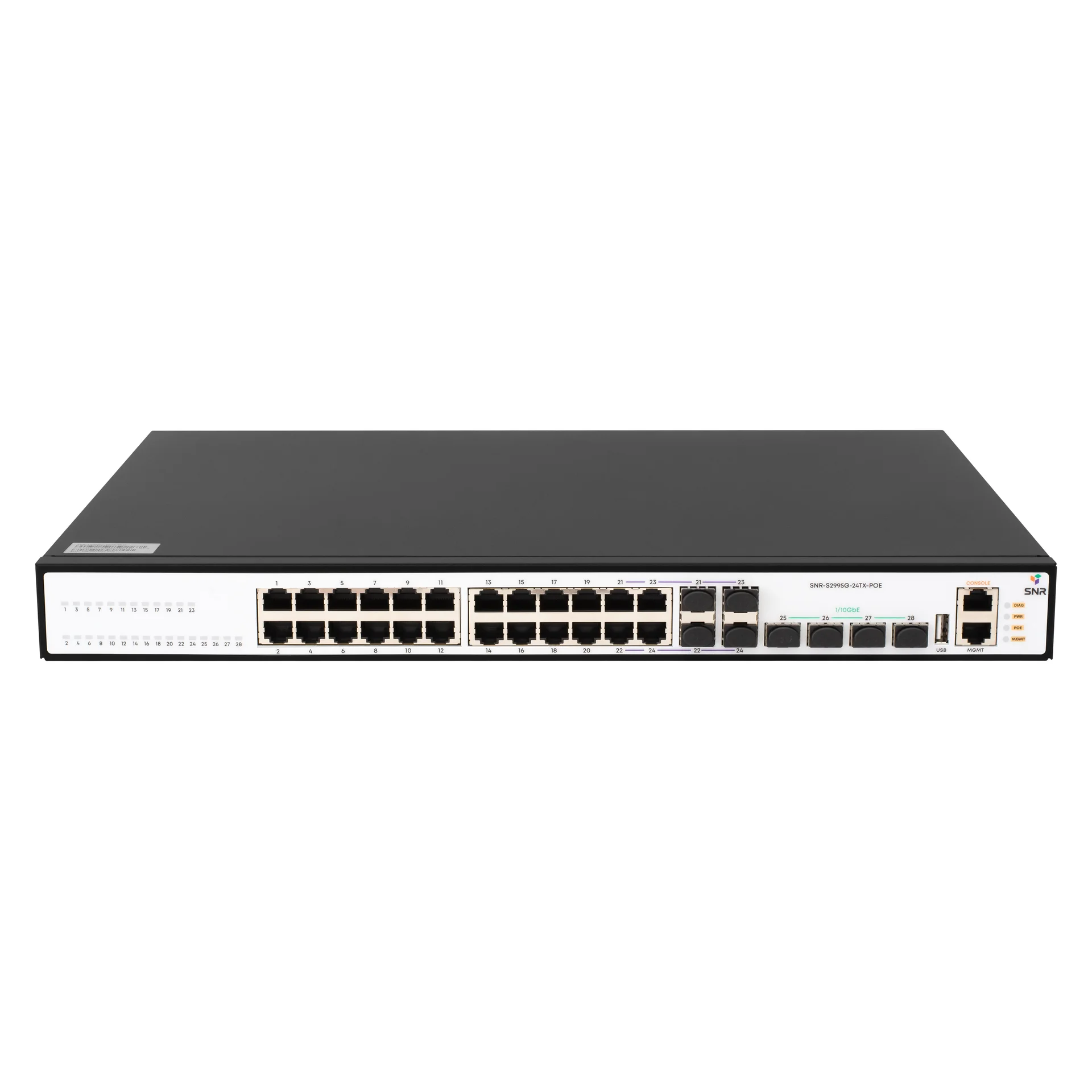 SNR SNR-S2995G-24TX-POE Управляемый PoE коммутатор уровня 3, 20 портов 10/100/1000Base-T, 4 порта Combo 10/100/1000Base-T|100/1000Base-X SFP и 4 порта 1/10G SFP+, бюджет PoE 370 Вт, VSF HA, встроенный
