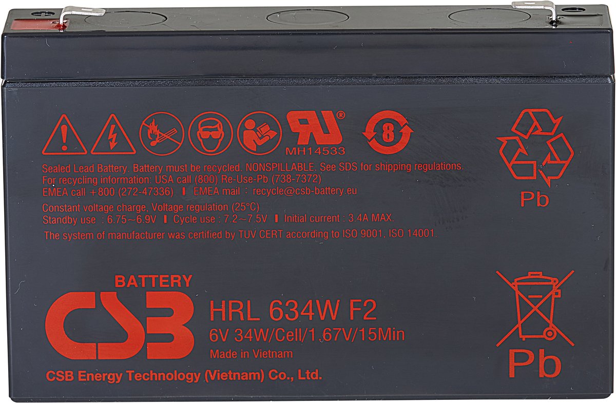 Батарея CSB серия HRL, HRL634W F2 FR, напряжение 6В, емкость 8.5Ач (разряд 20 часов), 34 Вт/Эл при 15-мин. разряде до U кон. - 1.67 В/Эл при 25 °С, макс. ток разряда (5 сек.) 130А, ток короткого замыкания 380А, макс. ток заряда 3.4A, свинцово-кислотная тип/ Battery CSB series HRL, HRL634W F2 FR, voltage 6V, capacity 34 W/C at 15 min. discharge to U con. - 1.67 V/Cel at 25°C, (discharge 20 hours), max. discharge current (5 sec.) 130A, short circuit current 380A, max. charge current 3.4A, lead-aci