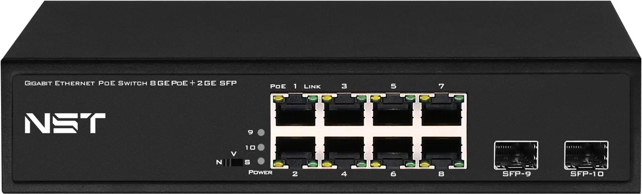 PoE коммутатор Fast Ethernet/ PoE коммутатор Gigabit Ethernet на 8 RJ45 + 2 SFP порта. Порты: 8 х GE (10/100/1000 Base-T) с поддержкой PoE (IEEE 802.3af/at), 2 x GE SFP (1000 Base-T). Соответствует стандартам PoE IEEE 802.3af/at. Автоматическое определение и режим антизависания PoE устройств. Мощность PoE на порт - до 30W. Суммарная мощность PoE до 150W. Поддержка режима CCTV: Увеличение расстояния передачи данных и питания до 250м, изоляция портов (VLAN).Встроенная грозозащита 3 кВ. Питание: AC