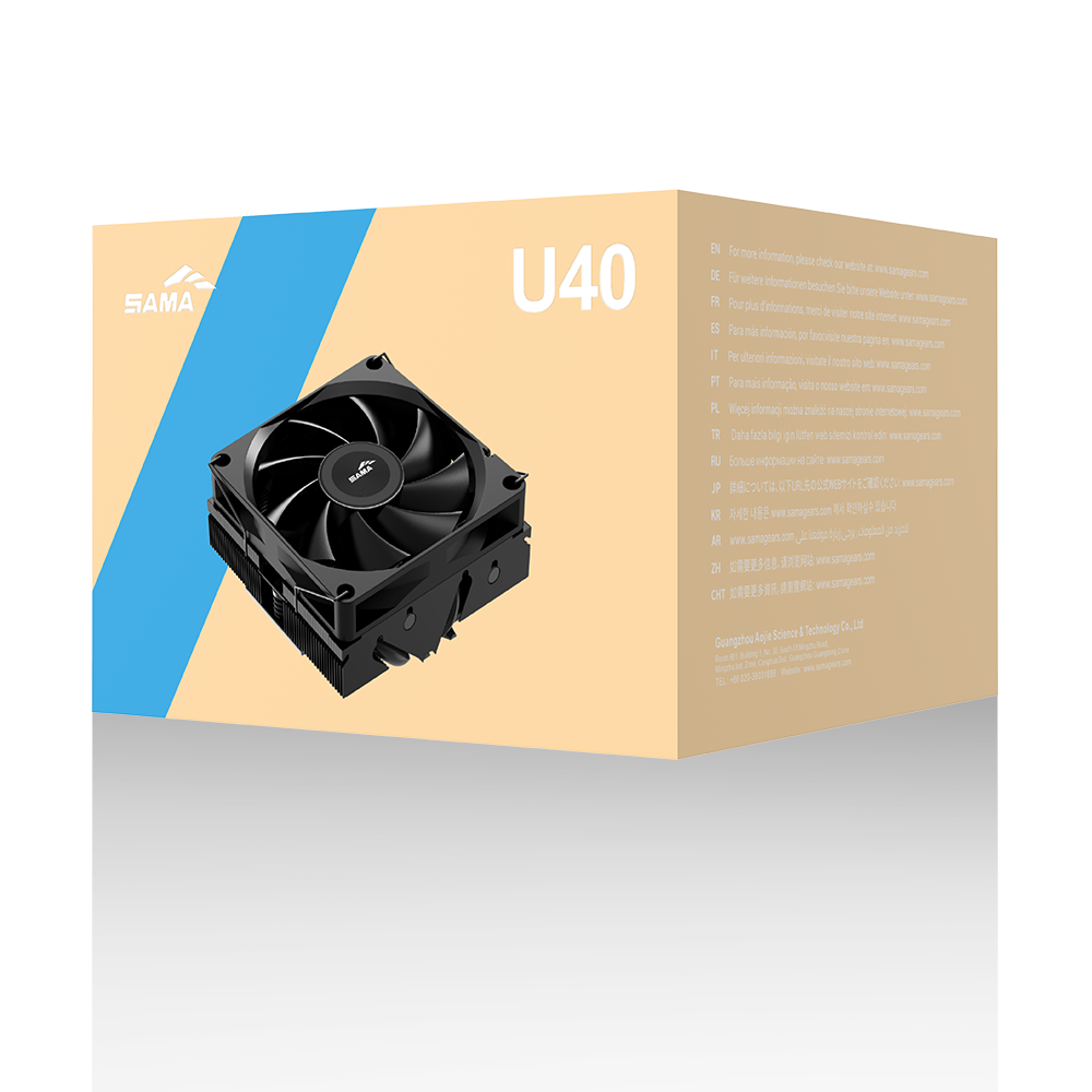 Кулер для процессора/ CPU Cooler SAMA U40 (130W, 4-pin PWM, 47mm, 4x6mm, 1x90mm, 38.18CFM, 34dBA, 2800RPM, S: 1851/1700/1200/115X, AM5/AM4, black)