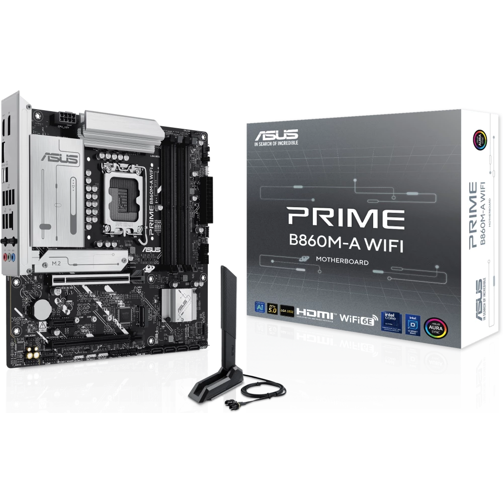 Материнская плата ASUS PRIME B860M-A WIFI, LGA 1851, Intel B860, 4xDDR5, 4xSATA, 2xM.2, 1xPCIe 5.0 x16, 1xPCIe 4.0 x16, 1xPCIe 4.0 x1, 2xDP, 1xHDMI, 1x 2.5Gb LAN, 1xUSB-C 20Gbps, 1xUSB-A 10Gbps, 2xUSB-A 5Gbps, 4xUSB-A 2.0, 3x3.5 мм, 7.1, micro-ATX.