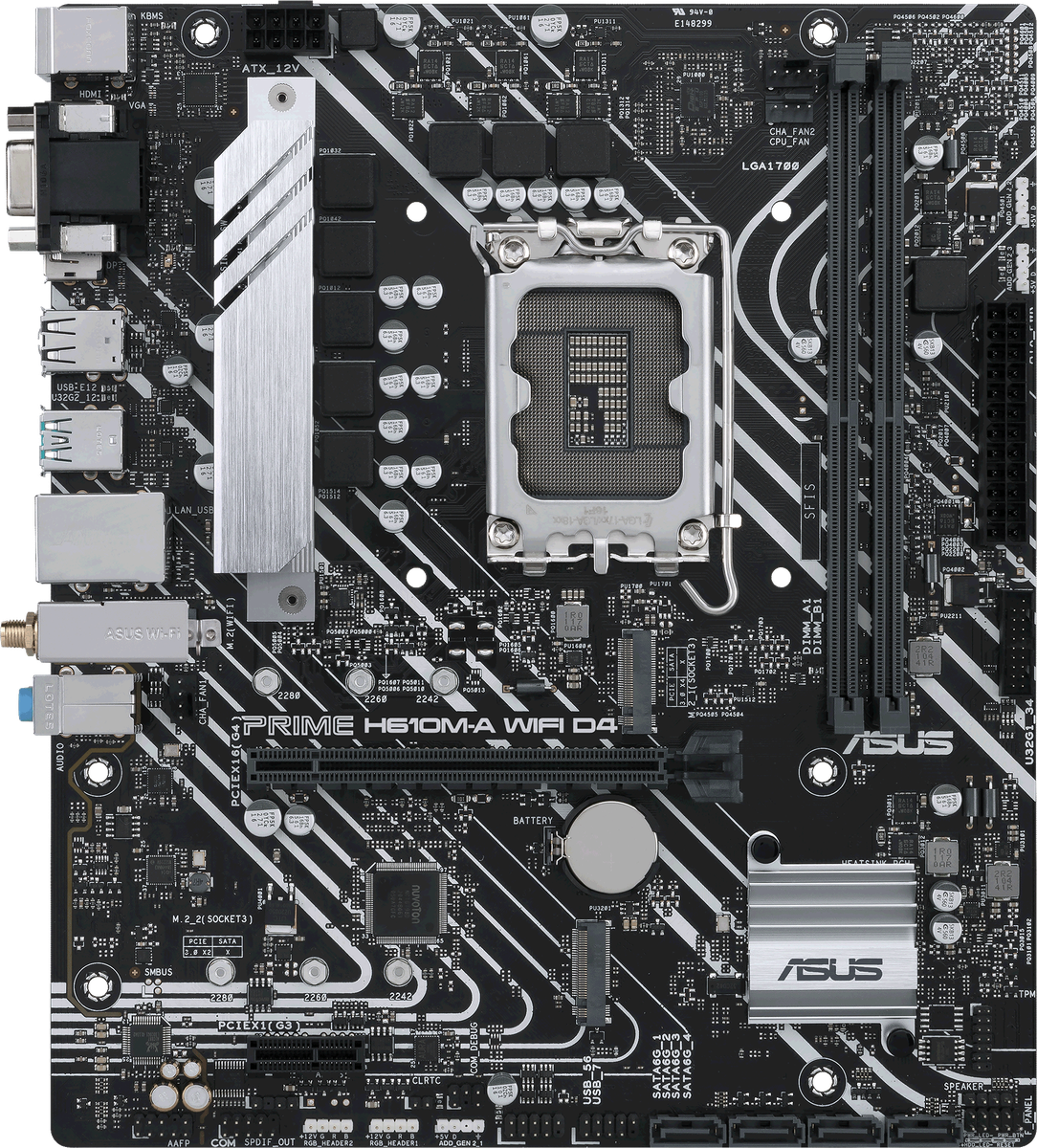 Материнская плата ASUS PRIME H610M-A WIFI D4, LGA 1700, Intel H610, 2xDDR4, 4xSATA, 2xM.2, 1xPCI-E 4.0 x16, 1xHDMI, 1xDisplayPort, 1x 1Gb LAN, 2xUSB-A 3.2 Gen 2, 4xUSB-A 2.0, 3x3.5 мм, 7.1, Micro-ATX