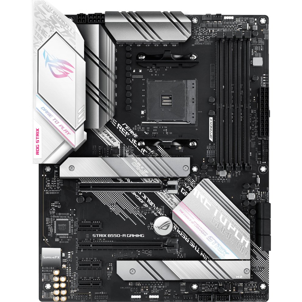 Материнская плата ASUS ROG STRIX B550-A GAMING, AM4, AMD B550, 4xDDR4, 6xSATA, 2xM.2, 1xPCI-E 4.0 x16, 1xPCI-E 3.0 x16, 3xPCI-E x1, 1xHDMI, 1xDP, 1x 2.5Gb LAN, 4xUSB 3.2 Gen 1, 1xUSB 3.2 Gen 2, 1xUSB-C 3.2 Gen 2, 5x3.5 мм, 7.1, ATX