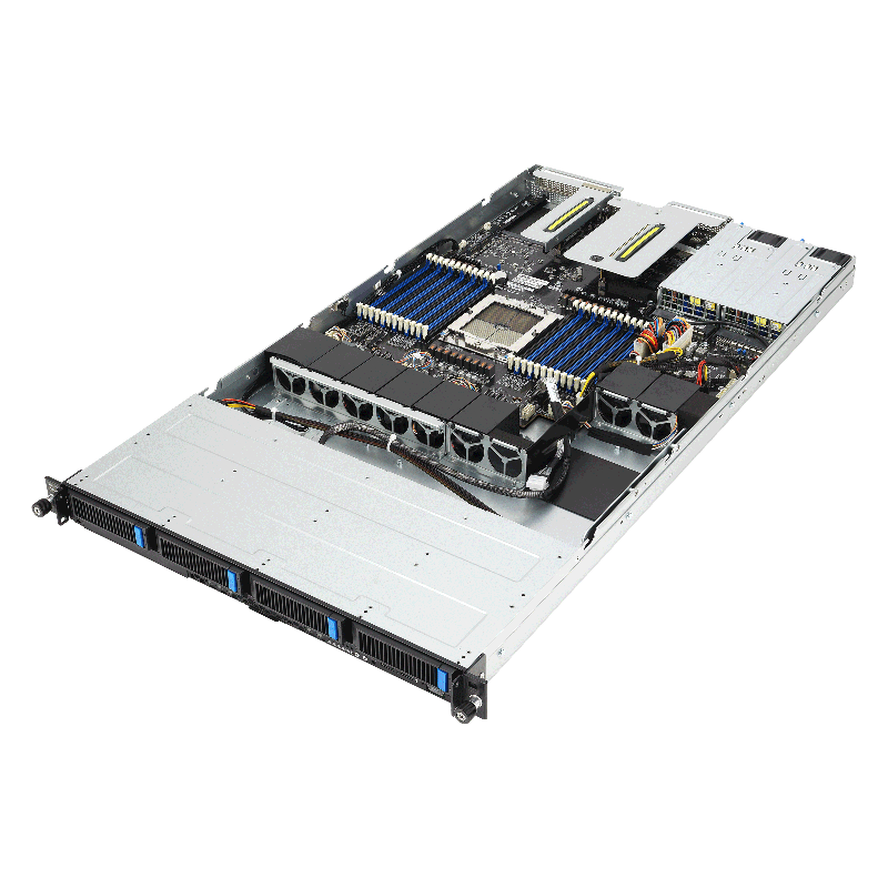 Серверная платформа/ ASUS RS501A-E12-RS4, 1U, 1x  SP5 (LGA 6096) 400W, 24x DIMM DDR5 6400/4800, 4x 3.5'' SATA/SAS, 2x M.2 SATA/NVME x4 22110, 3x PCIe x16+ 1x OCP3.0 x16, 1x 2-port 1GbE Intel I350 LAN, up to 2 single-slot GPU cards, 1+1 1600W