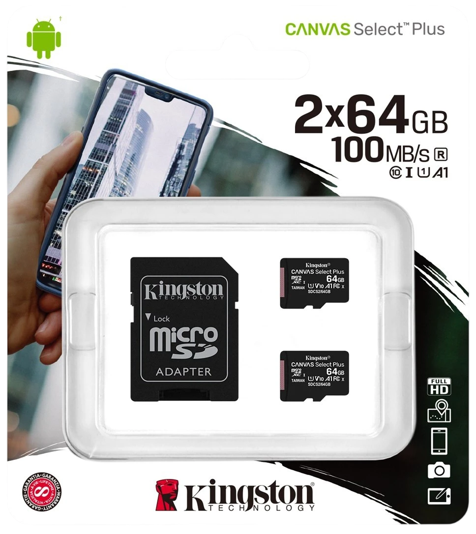 Карта памяти Kingston 64GB  micro SDHC Canvas Plus 100R A1 C10 Two Pack + Single ADP/ Kingston 64GB MicroSD Canvas Select Plus 64GB micro SDHC Canvas Select Plus 100R A1 C10 Two Pack + Single ADP