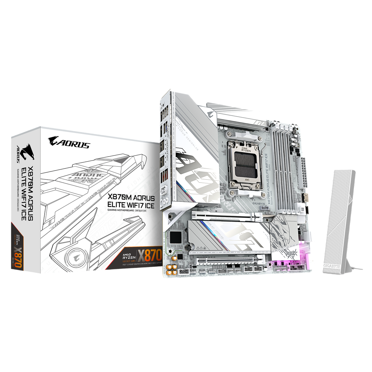 Материнская плата Gigabyte X870M AORUS ELITE WIFI7 ICE, AM5, AMD X870, 4xDDR5, 2xSATA, 2xM.2, 1xPCIe 5.0 x16, 1xPCIe 4.0 x16, 1xHDMI, 1x2.5Gb LAN, Wi-Fi 7, Bluetooth 5.4, 2xUSB-C 40Gbps (USB4), 2xUSB-A 10Gbps, 4xUSB-A 5Gbps, 4xUSB-A 2.0, 3x3.5 мм + S/PDIF оптический, 7.1, белый, mATX