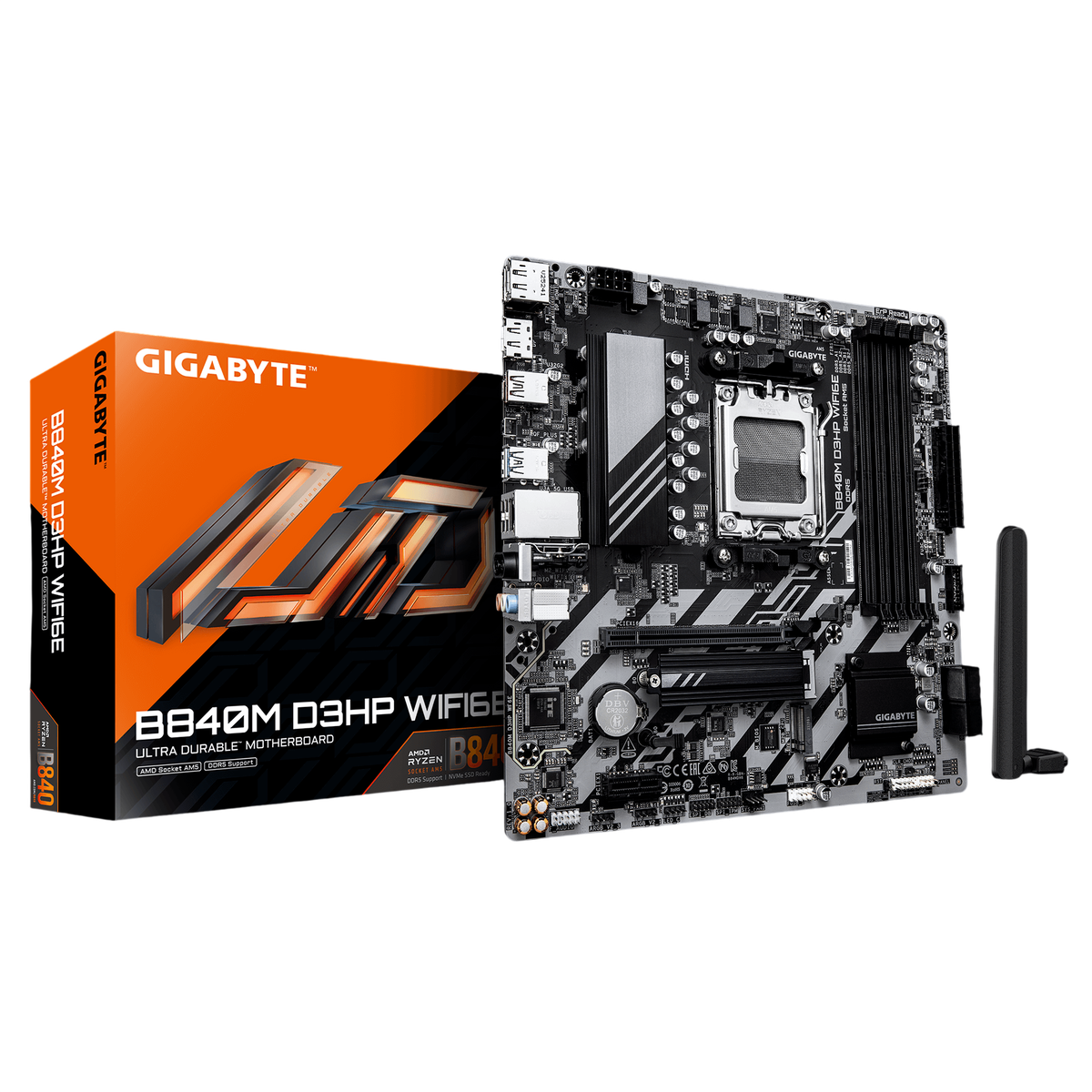 Материнская плата Gigabyte B840M D3HP WIFI6E, AM5, AMD B840, 4xDDR5, 4xSATA, 2xM.2, 1xPCIe 4.0 x16, 1xPCIe x1, 1xHDMI, 2xDP, 1x1Gb LAN, Wi-Fi 6E, Bluetooth 5.3, 1xUSB-C 5Gbps, 1xUSB-A 10Gbps, 3xUSB-A 5Gbps, 2xUSB-A 2.0, 1xPS/2, 3x3.5 мм, 7.1, mATX