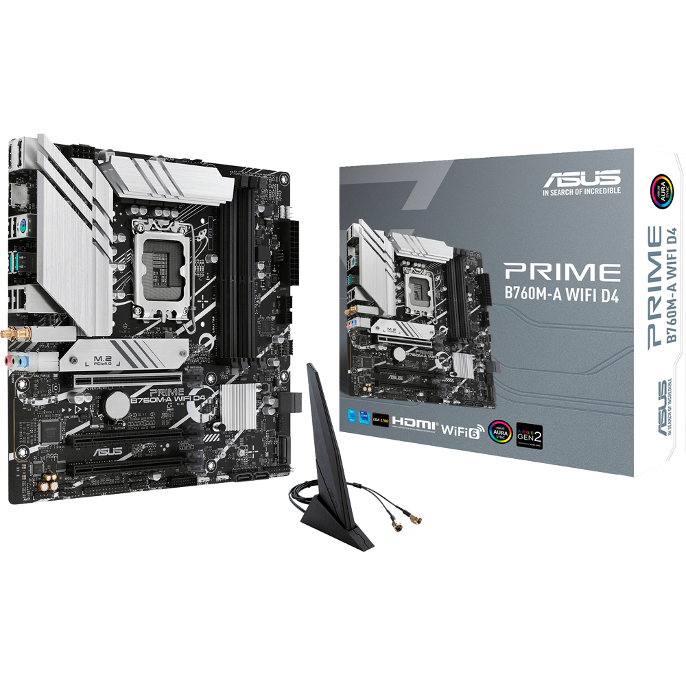 Материнская плата ASUS PRIME B760M-A WIFI D4, LGA1700, B760, 4*DDR4, 4*SATA, 2*M.2, 2*USB 3.2, 4*USB 2.0, 6*PCIx16, DP+2*HDMI, mATX; 90MB1CX0-M1EAY0