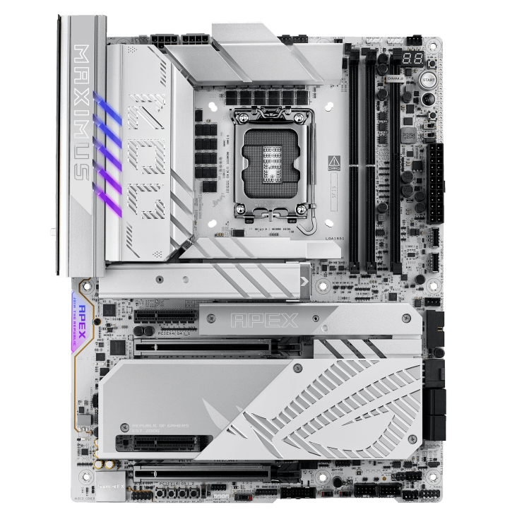 Материнская плата ASUS ROG MAXIMUS Z890 APEX, LGA 1851, Intel Z890, 2xDDR5, 4xSATA, 4xM.2, 1xPCIe 5.0 x16, 1xPCIe 5.0 x8, 2xUSB-C Thunderbolt 4, 1xUSB-C 20Gbps, 4xUSB-A 10Gbps, 4xUSB-A 5Gbps, 1x 5Gb LAN, 2x3.5 мм, 7.1, ATX