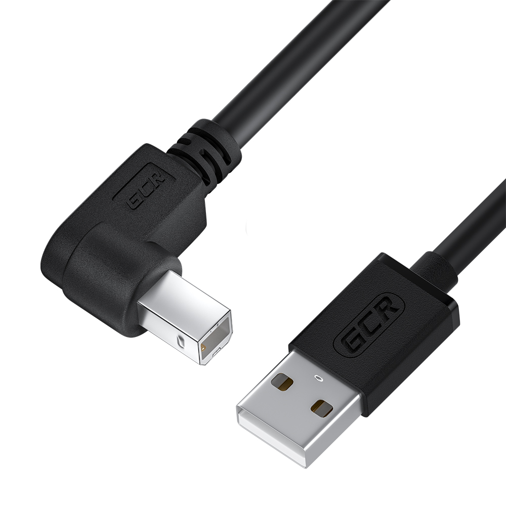 GCR PRO Кабель 1.5m USB 2.0 AM/BM угловой левый, черный, 28/24 AWG, медь, морозостойкий