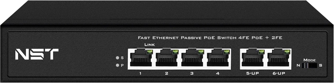 PoE коммутатор Fast Ethernet/ PoE коммутатор Fast Ethernet на 6 RJ45 портов. Порты: 4 х FE (10/100 Base-T) с поддержкой PoE (IEEE 802.3af/at), 2 x FE (10/100 Base-T) Uplink. Соответствует стандартам PoE IEEE 802.3af/at. Автоматическое определение и режим антизависания PoE устройств. Мощность PoE на порт - до 30W. Суммарная мощность PoE -  до 80W. Поддержка режима CCTV: Увеличение расстояния передачи данных и питания до 250м, изоляция портов (VLAN). Встроенная грозозащита 3кВ. Питание: AC100-240V