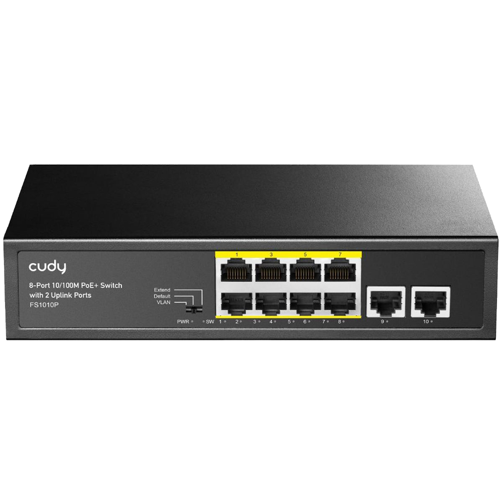 Коммутатор CUDY  FS1010P  8-Port 10/100M PoE+ Switch with 2 Uplink Ports 120W   8-Port 10/100M PSE RJ-45  +2 RJ45 10/100M Uplink Port Unmanaged PoE+ Switch 120W, CCTV/VLAN mode support, long distance:250M at CCTV mode.  802.3af/at standard, Support PD Alive Function, ±4 KV Surge Protection, Alternative 1/2(+),3/6(-),Steel Case,Watchdo