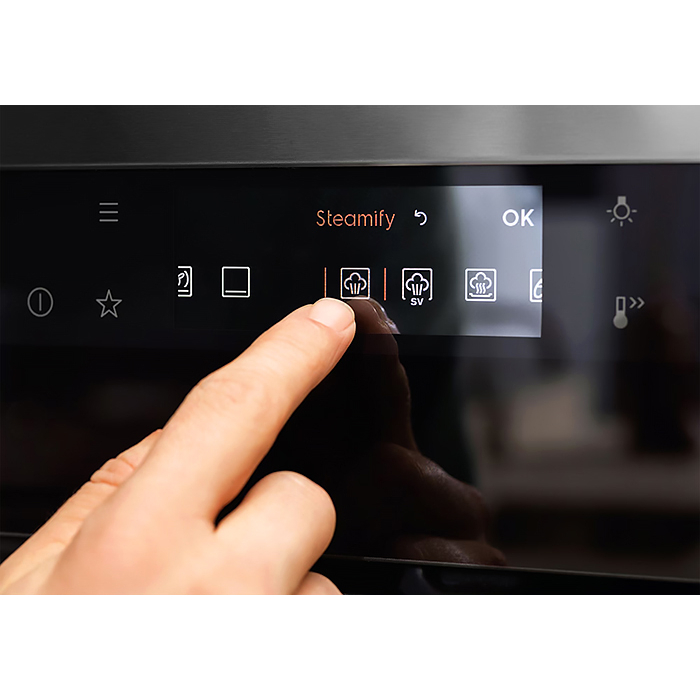 Встраиваемый духовой шкаф ELECTROLUX/ электрический с конвекцией, объем 72 л, 99 автоматических программ,очистка гидролизная, 3 стекла в дверце, направляющие проволочные + телескопические (1 уровень)
