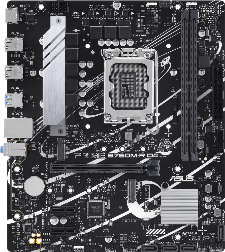 Материнская плата ASUS PRIME B760M-R D4, LGA1700, B760, 2*DDR4, 4*SATA, 2*M.2, 4*USB 3.2, 4*USB 2.0, 1*PCIx16, 2*PCIx1, HDMI, mATX; 90MB1HA0-M0EAY0