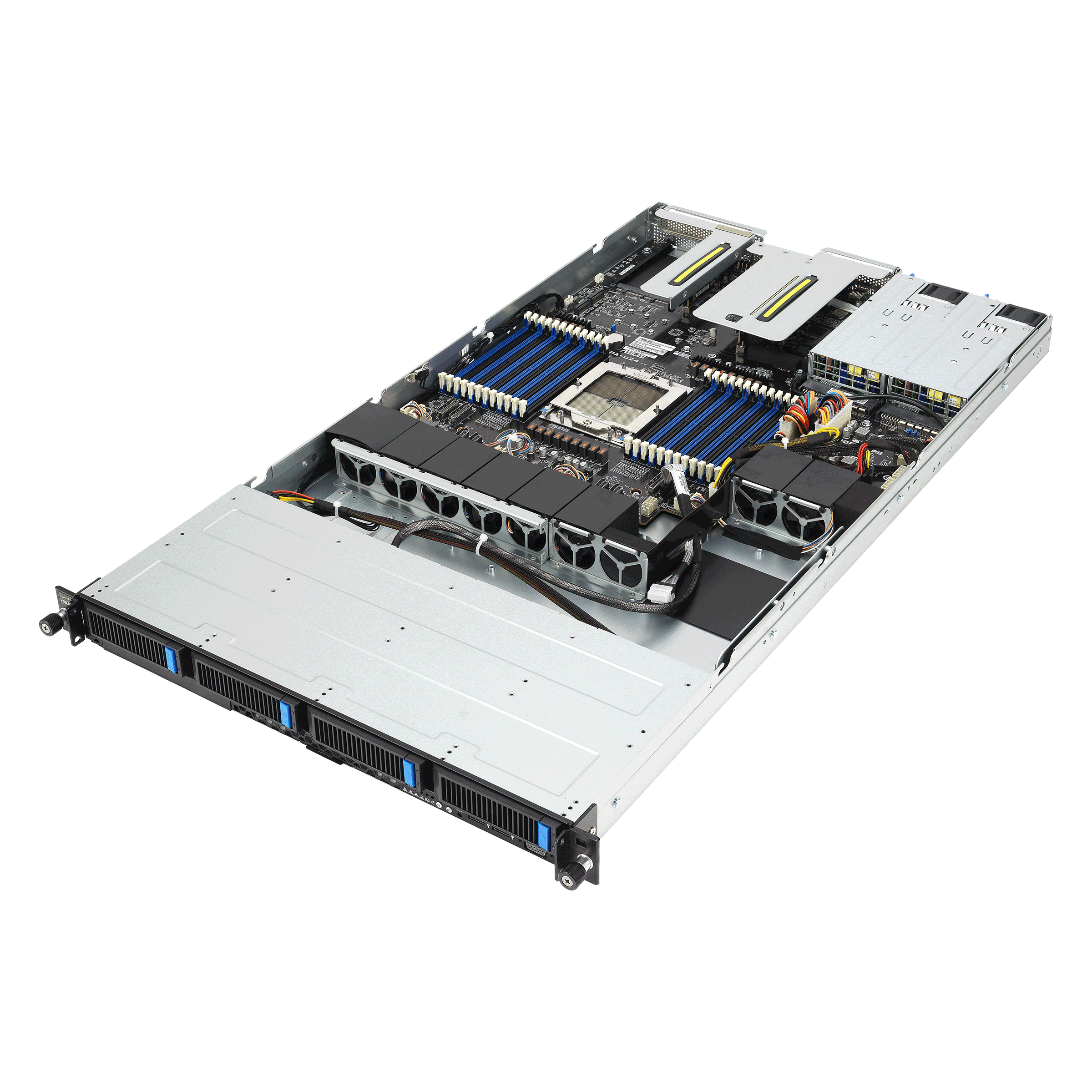 Серверная платформа/ ASUS RS501A-E12-RS4, 1U, 1x  SP5 (LGA 6096) 400W, 24x DIMM DDR5 6400/4800, 4x 3.5'' SATA/SAS, 2x M.2 SATA/NVME x4 22110, 3x PCIe x16+ 1x OCP3.0 x16, 1x 2-port 1GbE Intel I350 LAN, up to 2 single-slot GPU cards, 1+1 1600W