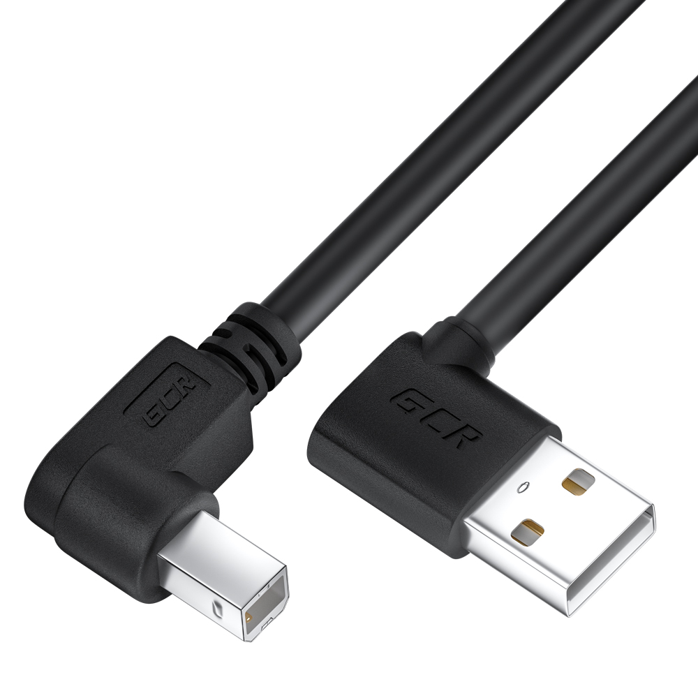 GCR PRO Кабель 1.0m USB 2.0 AM/BM угловой левый, черный, 28/24 AWG, медь, морозостойкий