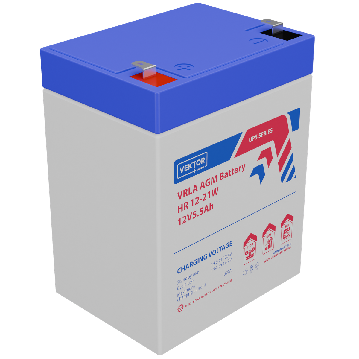 Батарея Vektor Battery серия HR, HR 12-21W, напряжение 12В, емкость 5,5 Ач (разряд 20 часов), макс. ток разряда (5 сек.) 90А, макс. ток заряда 1,1A, свинцово-кислотная типа AGM, клеммы F2, ДxШxВ 91x70x107мм., вес 1,66г., срок службы 8 лет