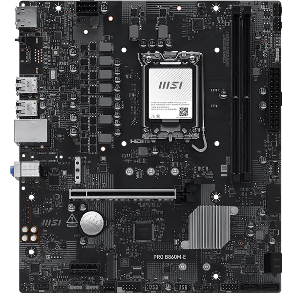 Материнская плата MSI PRO B860M-E B860, LGA1851, 2*DDR5, 1*PCIEx16, 1*PCIEx1, 2*M.2, 1*TypeC, 4*USB3.2Gen1, 8*USB2.0, 4*SATA3.0, 5G, DP, HDMI, M-ATX, RTL