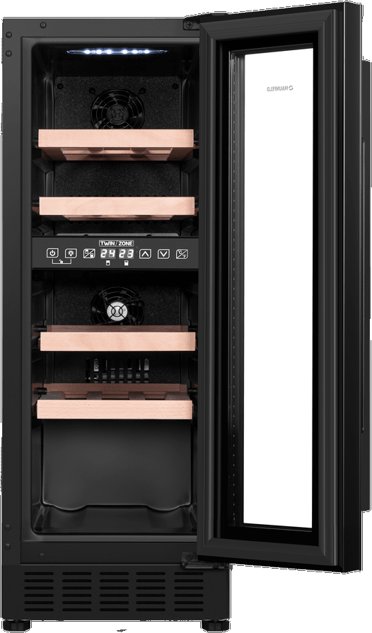 Винный шкаф MAUNFELD/ Винный шкаф MAUNFELD MBWC-56D17, ВхШхГ 820х295х613 мм, 17 бутылок, от 5 ° C до 22 ° C, отдельностоящий/встраиваемый, полезный объем 52 л, электронный термостат, диапазон влажности 50-80%, вентилятор распределения температуры, звуковой сигнал отключения питания, звуковой сигнал повышения температуры, сенсорное управление, энергоэффективность G, светодиодное освещение, стандартный компрессор, материал полок бук, R600A, цвет черный