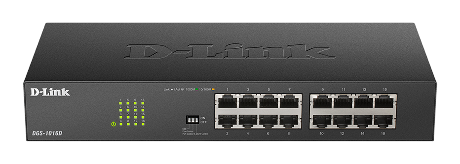 Коммутатор D-Link Неуправляемый коммутатор, 16x1000Base-T, DIP-переключатель, защита от статического электричества до 1 кВ