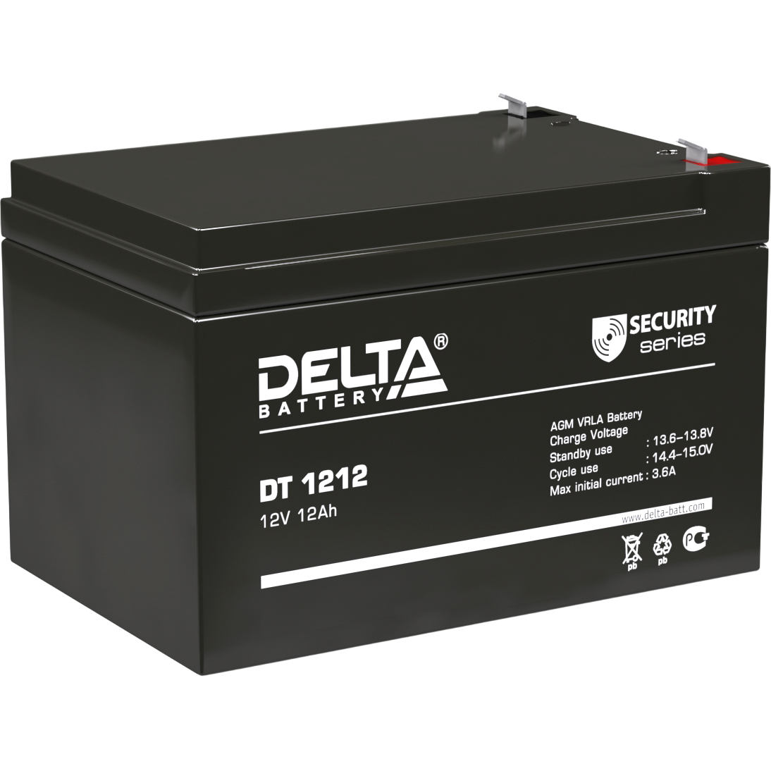 Батарея DELTA серия DT, DT 1212, напряжение 12В, емкость 12Ач (разряд 20 часов),  макс. ток разряда (5 сек.) 165А, макс. ток заряда 3.6А, свинцово-кислотная типа AGM, клеммы F2, ДxШxВ 151х98х94мм., вес 3.6кг., срок службы 5 лет./ Battery DELTA series DT, DT 1212, voltage 12V, capacity 12Ah (discharge 20 hours), max. discharge current (5 sec.) 165A, max. charge current 3.6A, lead-acid type AGM, terminals F2, LxWxH 151x98x94mm., weight 3.6kg., service life 5 years.