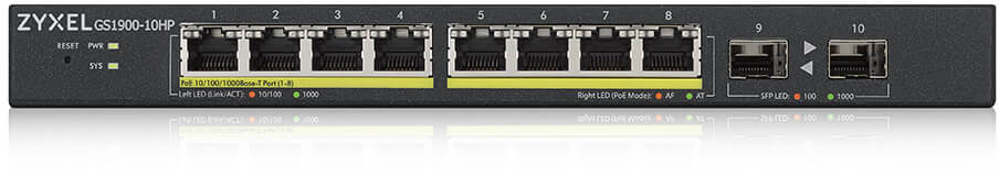 GS1900-10HP-EU0102F - Smart L2 Gigabit PoE Switch Zyxel GS1900-10HP, 8xRJ-45: 1G PoE+, 2xSFP, 77W PoE budget, desktop, fanless все наши цены всегда включают НДС