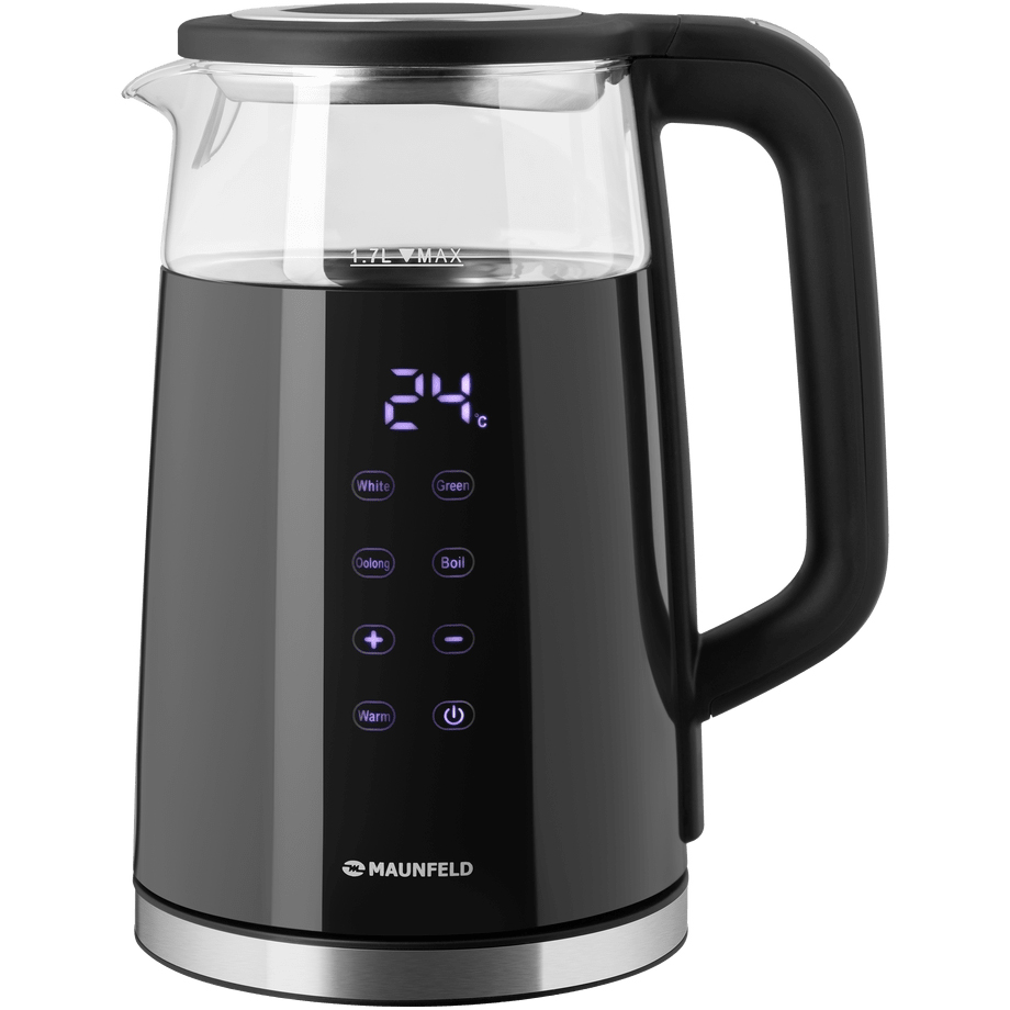 Чайник MAUNFELD/ Чайник MAUNFELD MGK-616DBK, объем 1.7 л, 2200 Вт, стеклянная колба, звуковой сигнал, защита от перегрева, дисплей, индикация включения, подсветка, поддержание температуры, отключение при отсутствии воды, индикатор температуры, цвет черный