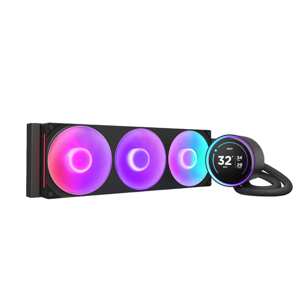 Система жидкостного охлаждения для ПК/ Water Cooling System NZXT Kraken Elite 420 RGB (350W, 420mm, LED temp., Black/ Fans: 3x140mm, 98.61CFM, 34.5dBA, 2000RPM/ Pump height 65mm, 2800RPM, Rad thickness 27mm/ S: 1851, 1700, 1200, 115X, AM5, AM4)
