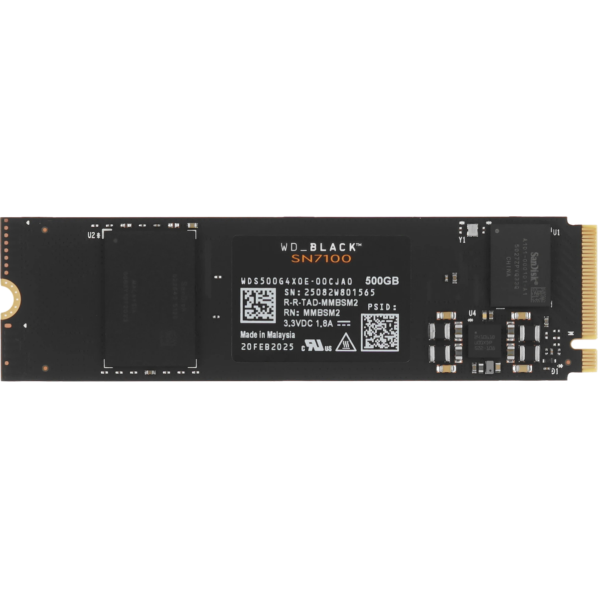 Твердотельный накопитель/ WD SSD Black SN7100, 500GB, M.2(22x80mm), NVMe, PCIe 4.0 x4, TLC, R/W 6800/5800MB/s, TBW 300, DWPD 0.3 (12 мес.)