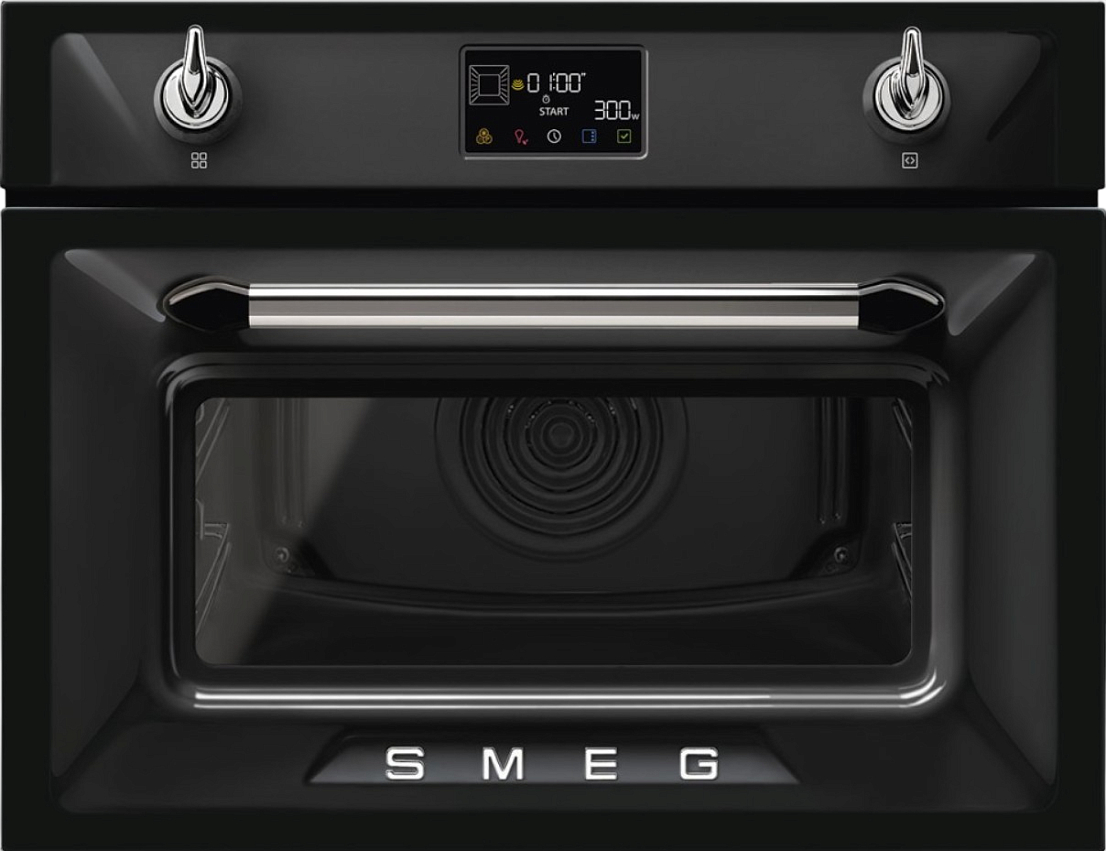 Встраиваемая электрическая духовка SMEG/ Компактный многофункциональный духовой шкаф, комбинированный с микроволновой печью, ширина 60 см, высота 45 см, 12 функций, цвет чёрный